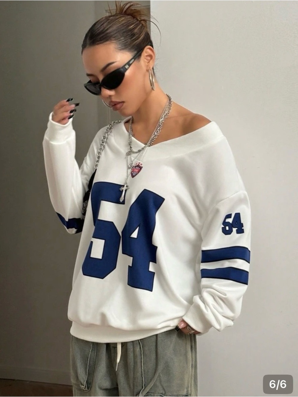 Off-Shoulder White Sweatshirt with Navy '54' Athletic Print